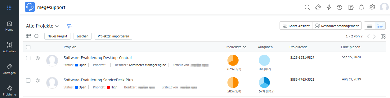 Screenshot ServiceDesk Plus: Projekt-Übersicht