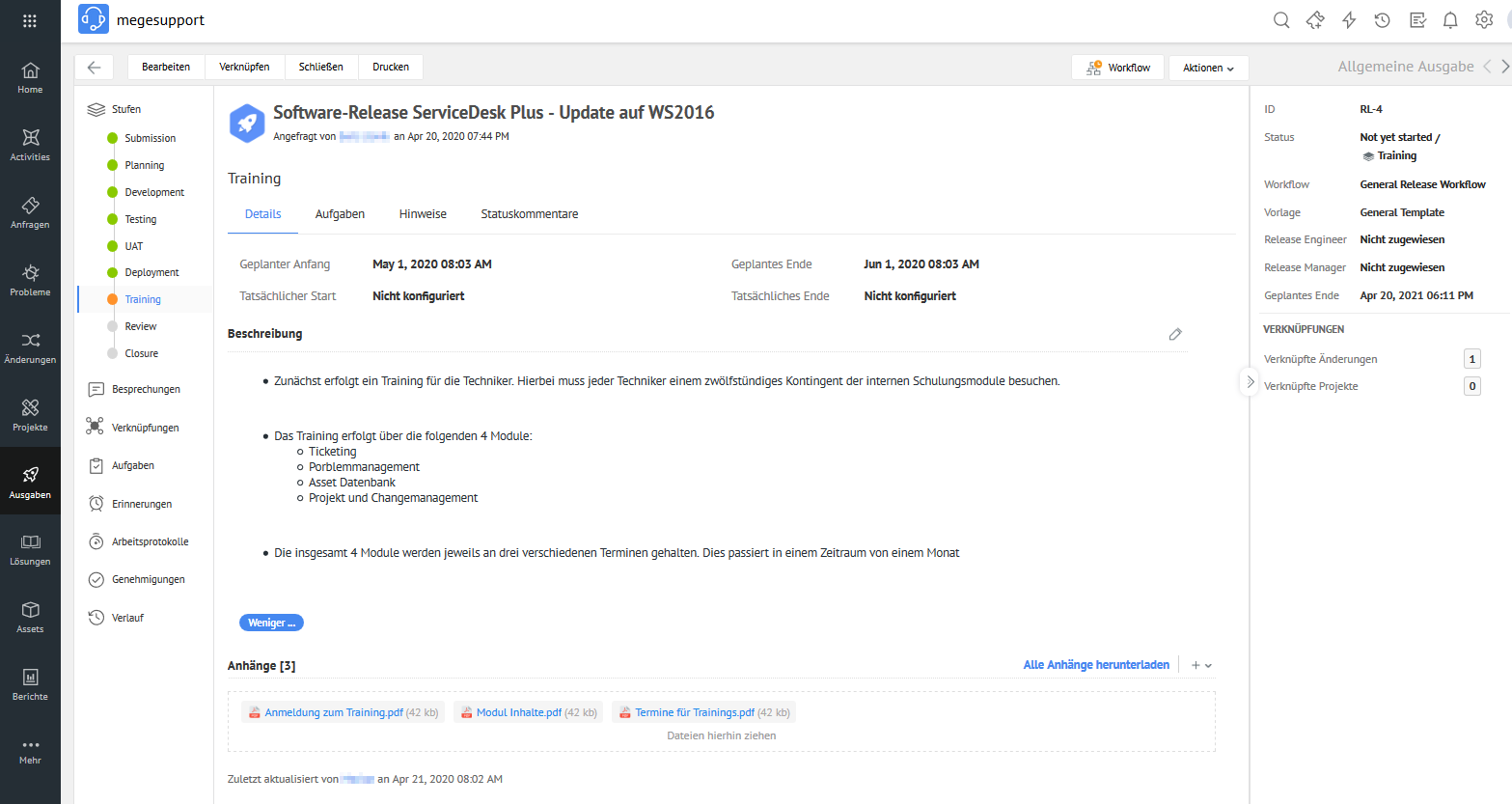 Screenshot ServiceDesk Plus Cloud: Phasenuebersicht Release Management