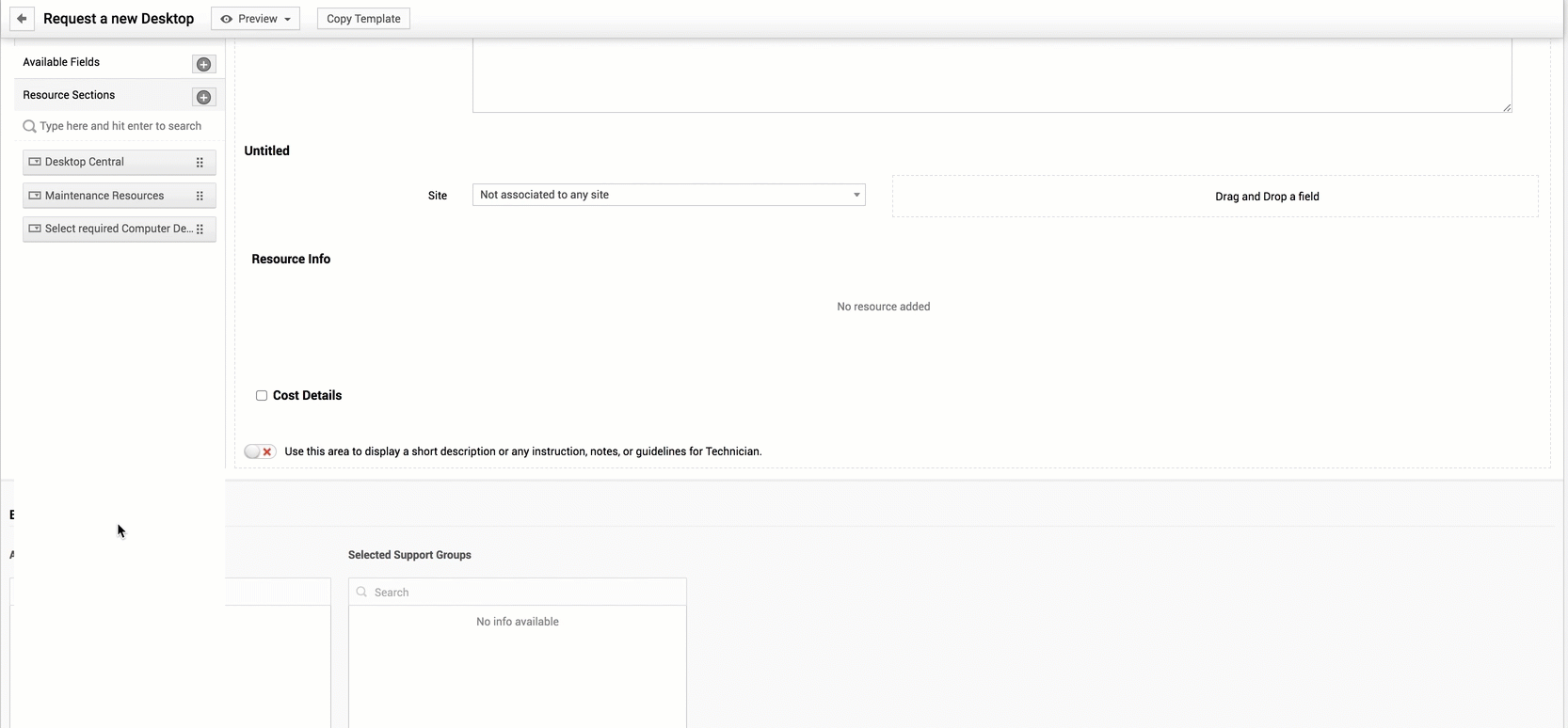 Screenshot ServiceDesk Plus: Ressourcenbereich in Service Request Vorlage ergänzen Screenshot ServiceDesk Plus: Ressourcenbereich in Service Request Vorlage ergänzen