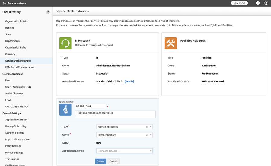ServiceDesk Plus Service Desk Instanzen