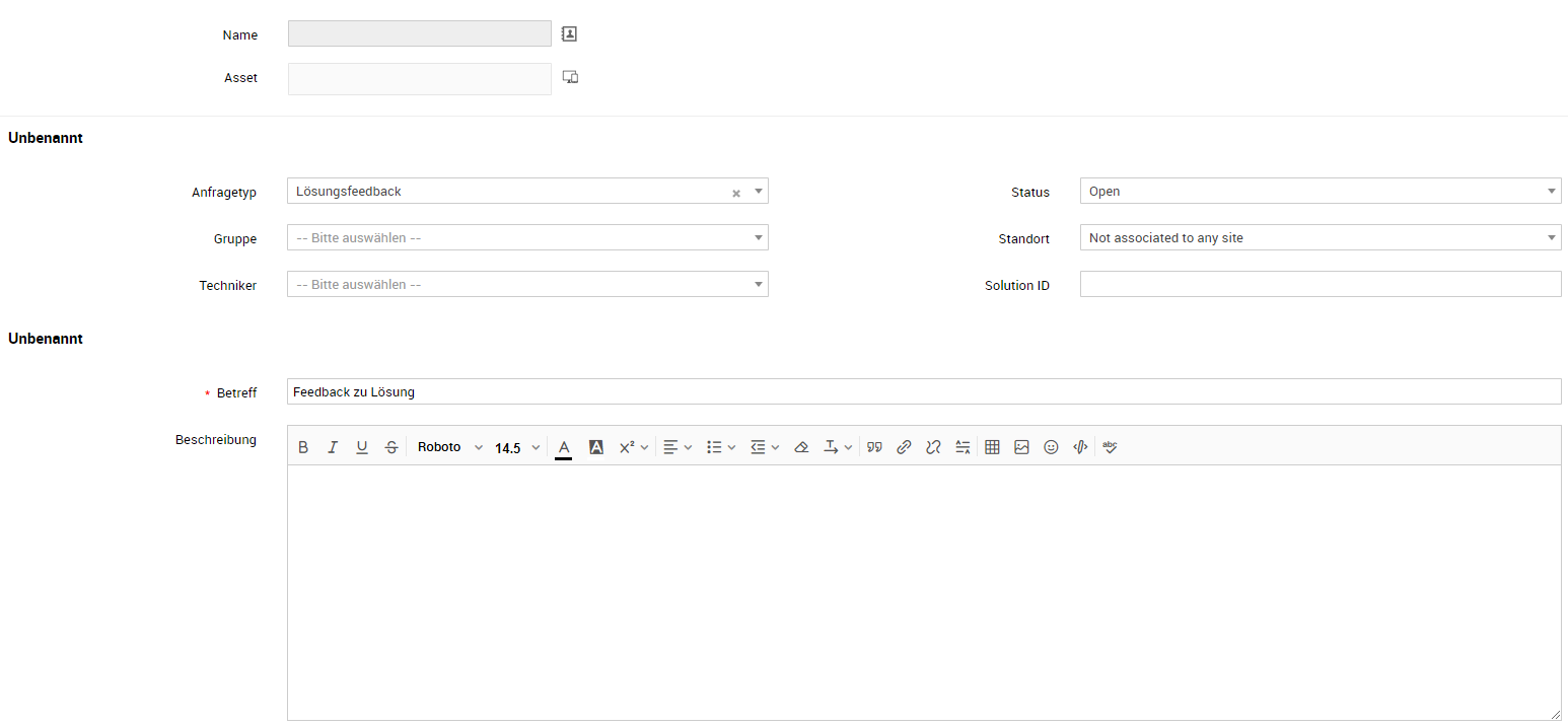 Screenshot ServiceDesk Plus: Technikeransicht der Ticket-Vorlage für das Lösungs-Feedback