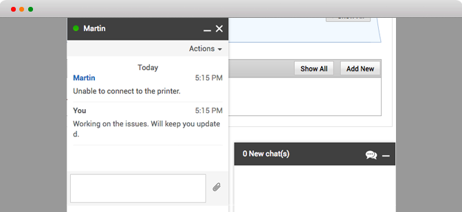 Screenshot ServiceDesk Plus Cloud: Dateien per Live Chat teilen