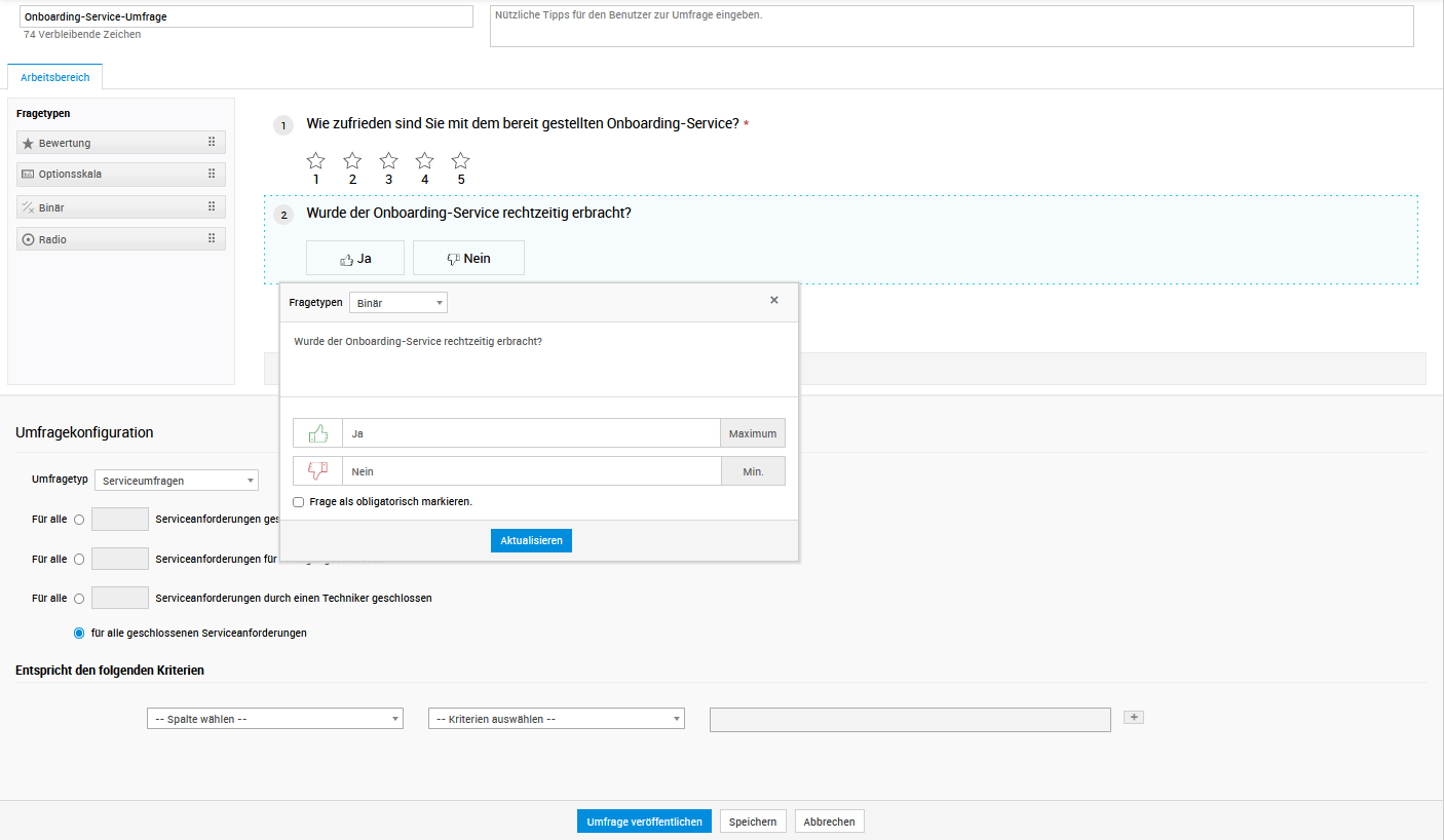 Screenshot ServiceDesk Plus: Umfrage anlegen