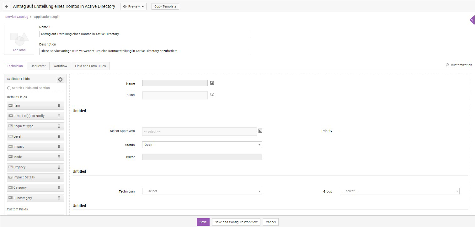 Screenshot ServiceDesk Plus: Felder in Vorlagen anpassen