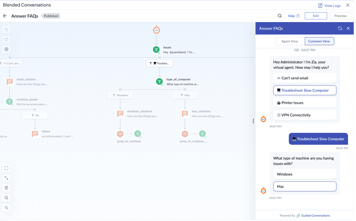 Screenshot ServiceDesk Plus: Zia Conversation Trees Screenshot ServiceDesk Plus: Zia Conversation Trees
