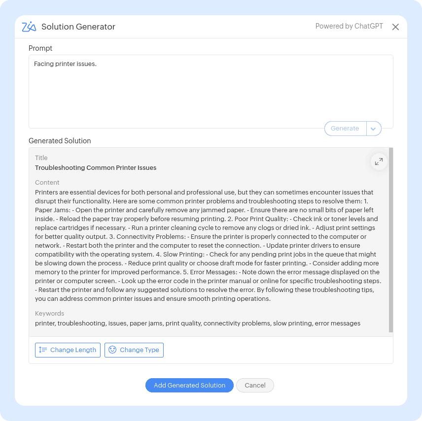 Screenshot Zia: Lösungsgenerator für ServiceDesk Plus