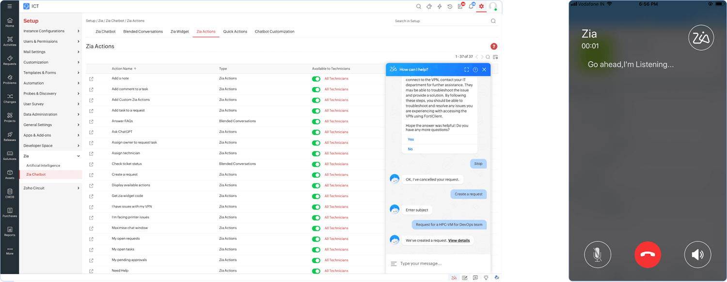 Screenshot ServiceDesk Plus: Zia Voice Chat Screenshot ServiceDesk Plus: Zia Voice Chat