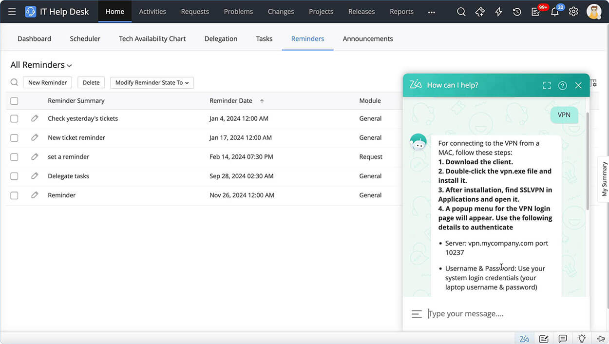 Screenshot ServiceDesk Plus: Kontextbezogene Wissensdatenbank-Abfragen