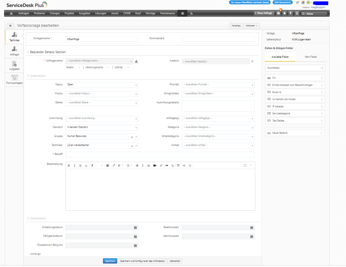 Screenshot ServiceDesk Plus: benutzerdefinierte Ticket-Vorlagen