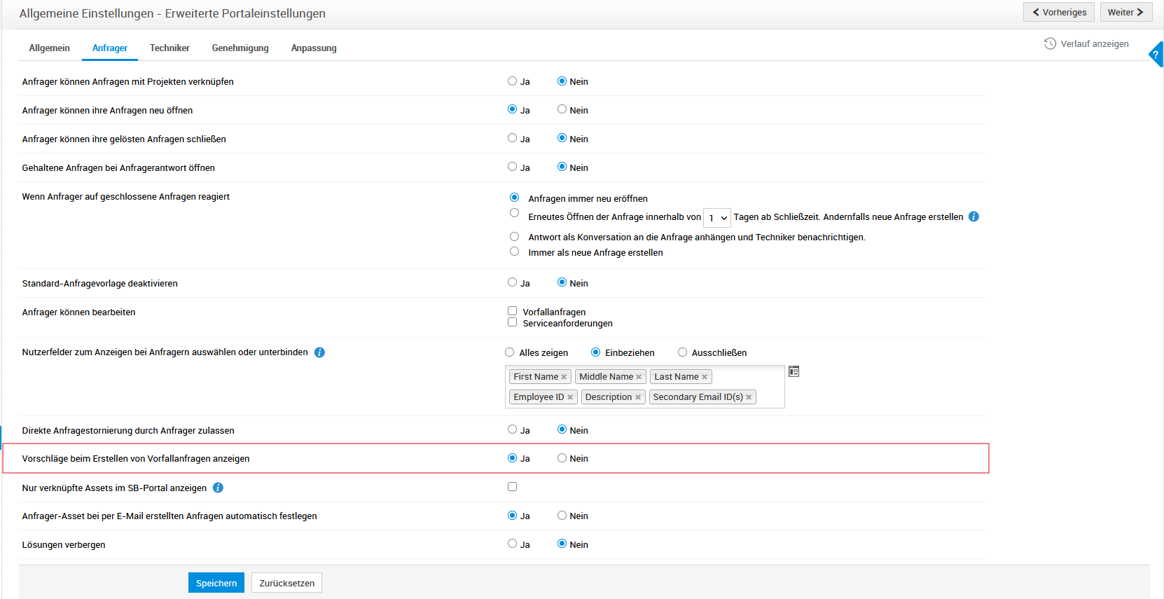 Screenshot ServiceDesk Plus: Erweiterte Portaleinstellungen