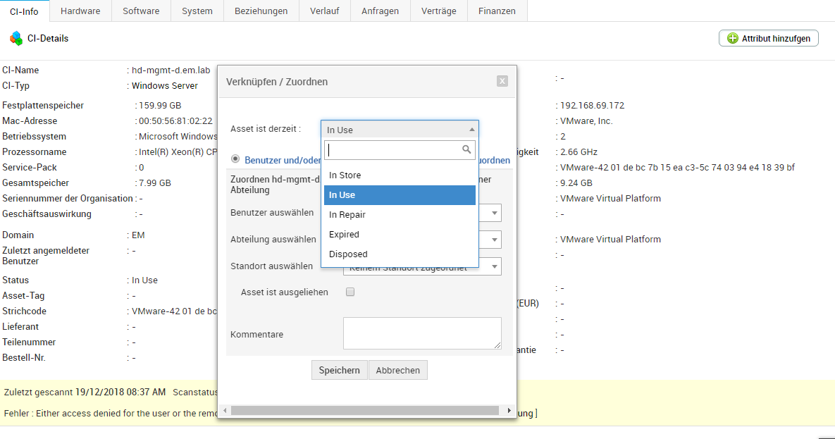 Screenshot ServiceDesk Plus: Asset-Status ändern