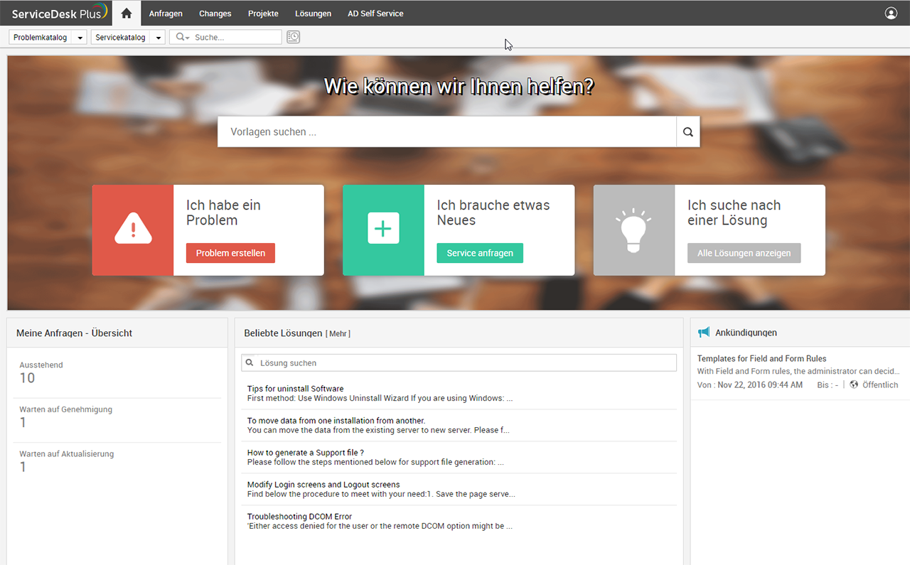 Screenshot ServiceDesk Plus: Startseite Self-Service Portal