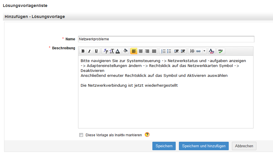 Screenshot ServiceDesk Plus: Lösungsvorlage erstellen