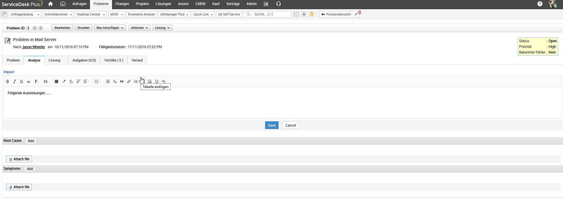 Screenshot ServiceDesk Plus: Problem-Management