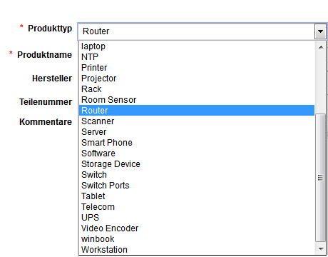 Screenshot ServiceDesk Plus: Neuen Produkttyp auswählen