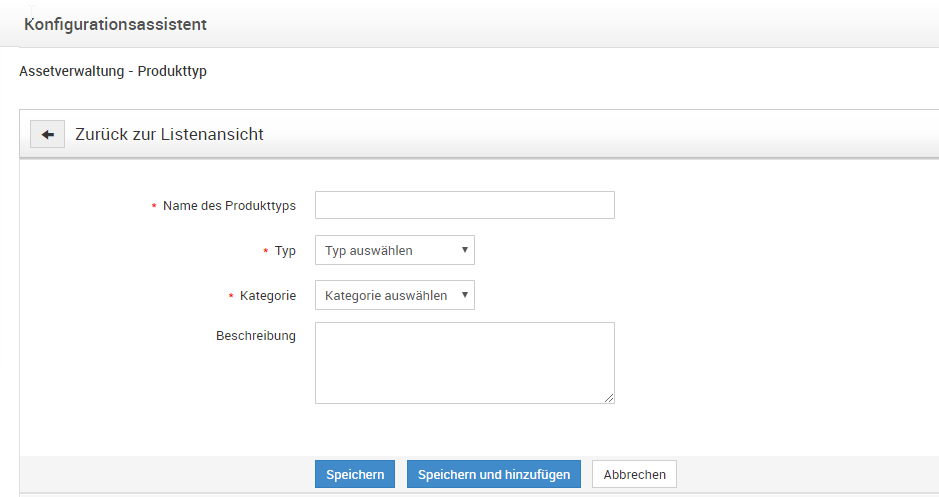 Screenshot ServiceDesk Plus: Neuen Produkttyp anlegen