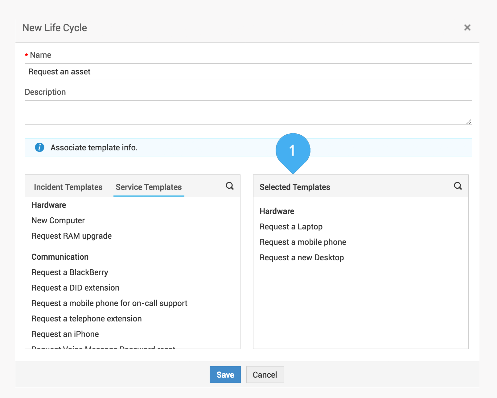 Screenshot ServiceDesk Plus: Request Life Cycle - Template zuordnen