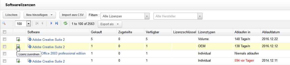 Screenshot ServiceDesk Plus: Software-Lizenzen neu zuordnen