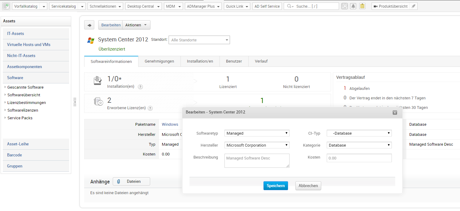 Screenshot ServiceDesk Plus: Suite-Lizenzen verwalten