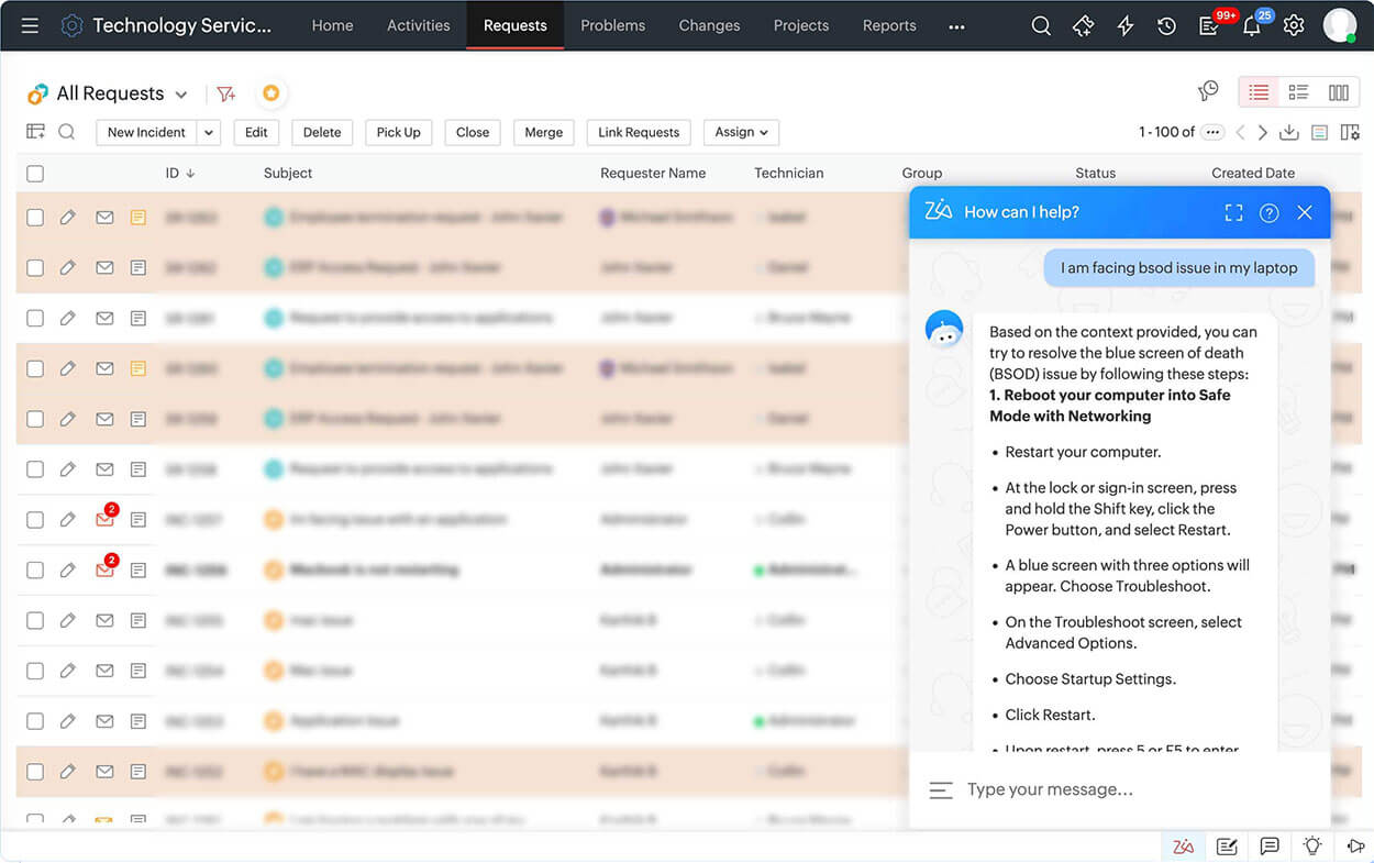 Screenshot ServiceDesk Plus: Personalisierter Self-Service mit Zia Screenshot ServiceDesk Plus: Personalisierter Self-Service mit Zia