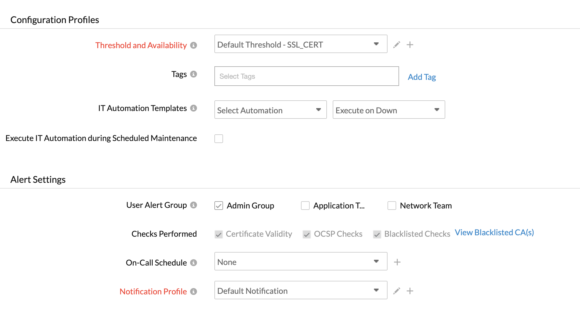 Screenshot Site24x7: Konfigurations- und Alarmeinstellungen für SSL Certificate Monitor