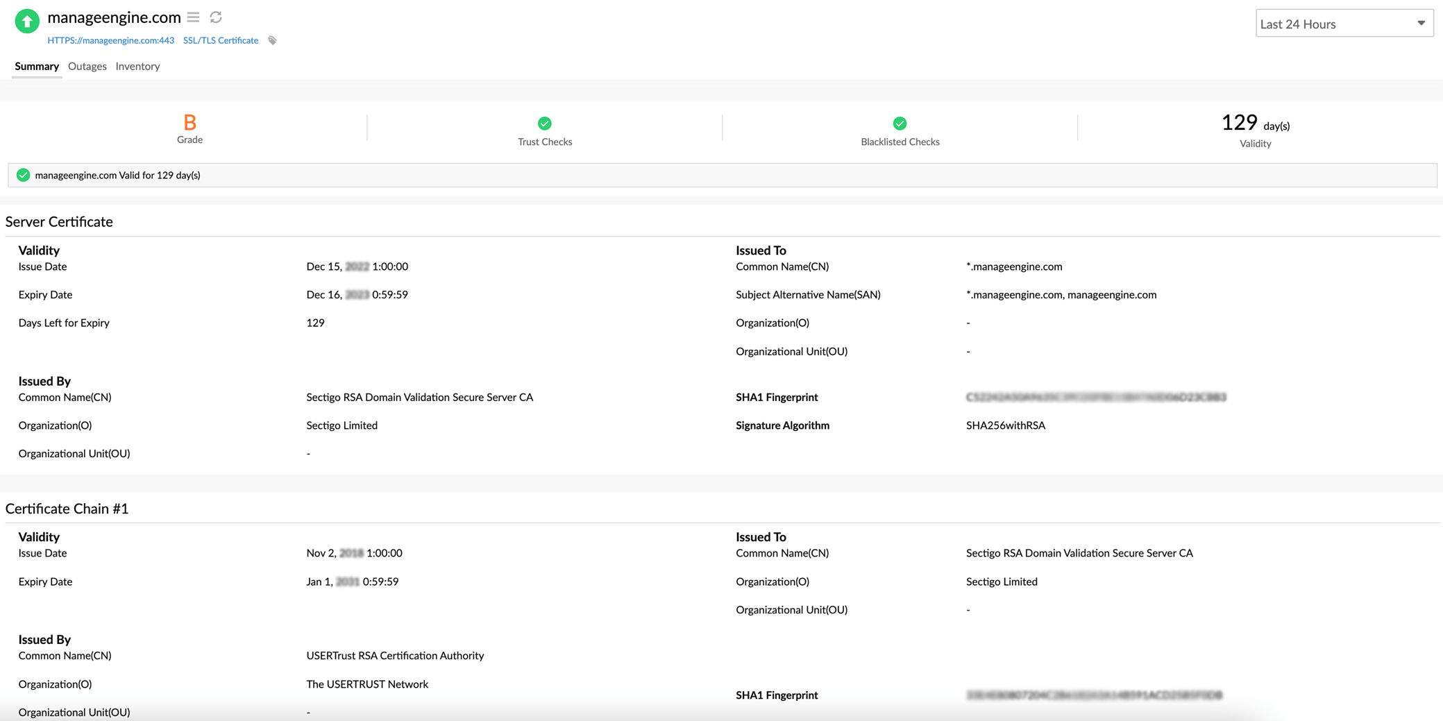 Screenshot Site24x7: SSL/TLS Certificate Monitor