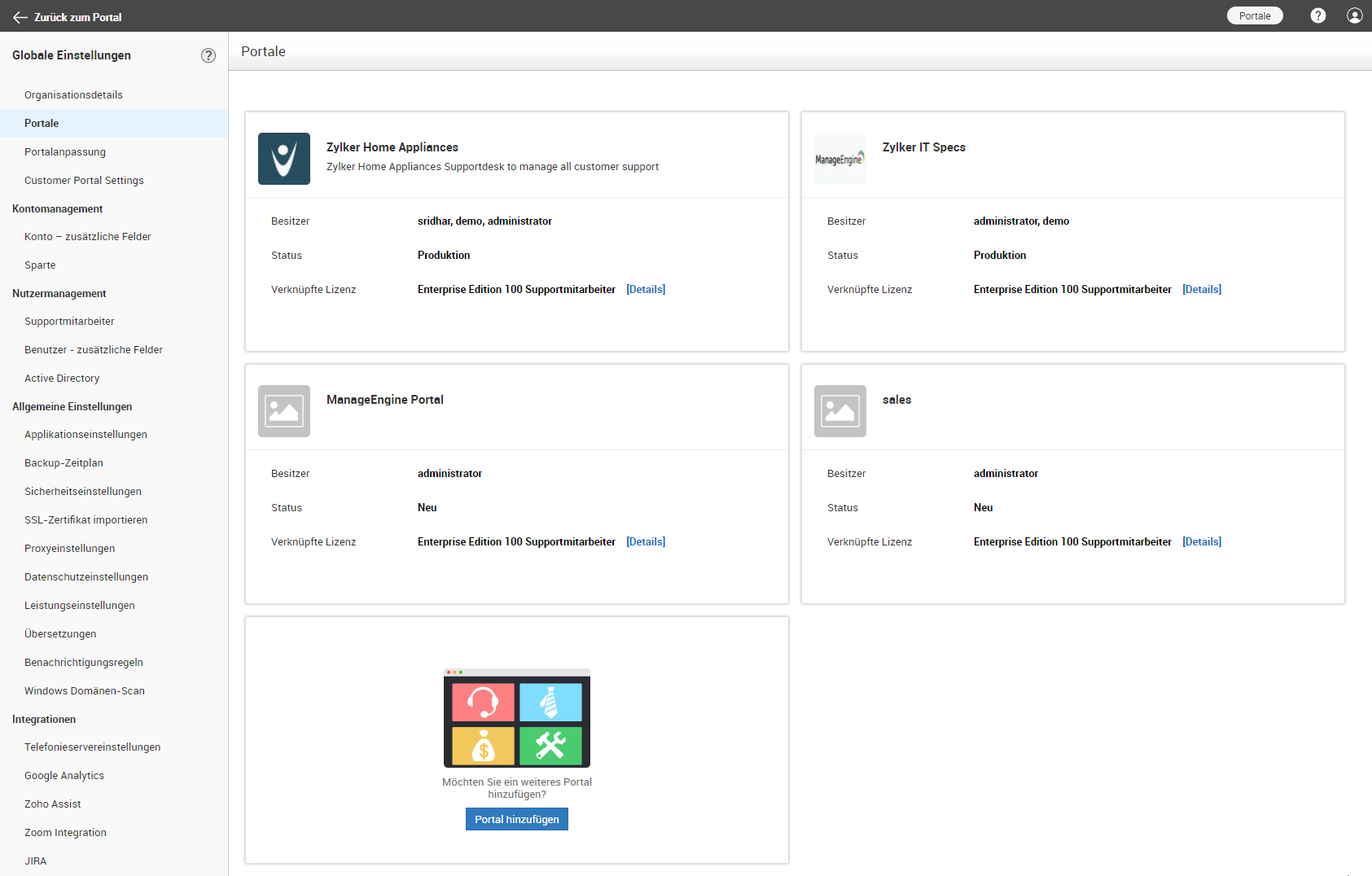 Screenshot SupportCenter Plus: Portale für verschiedene Abteilungen