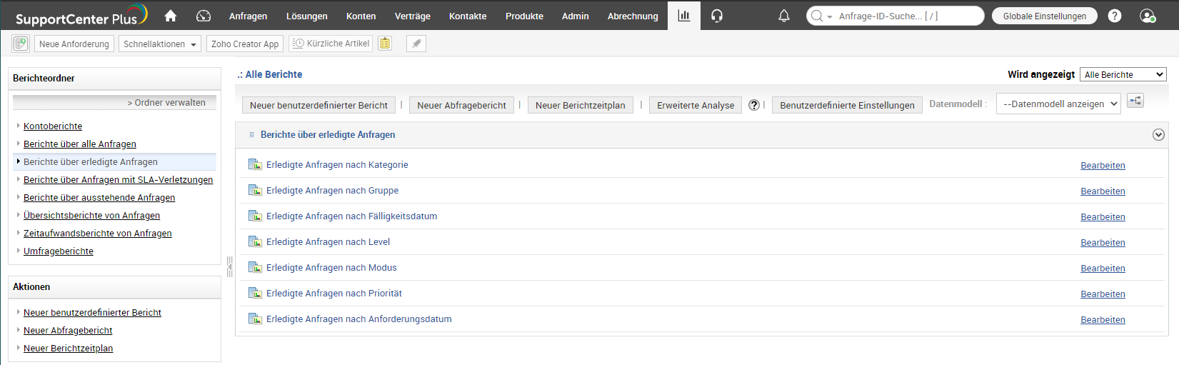 Screenshot SupportCenter Plus: Vorgefertigte Berichte