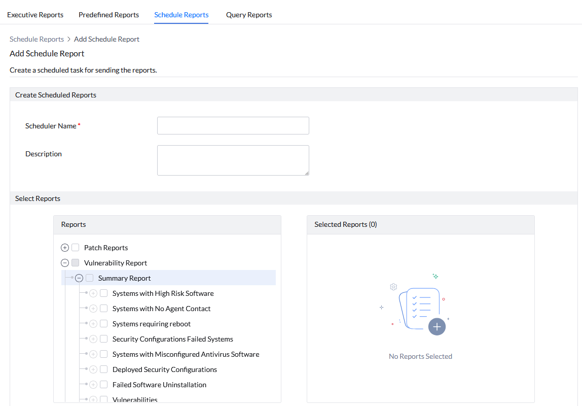 Screenshot Vulnerability Manager Plus: Berichte zu Schwachstellen oder Patches planen 
