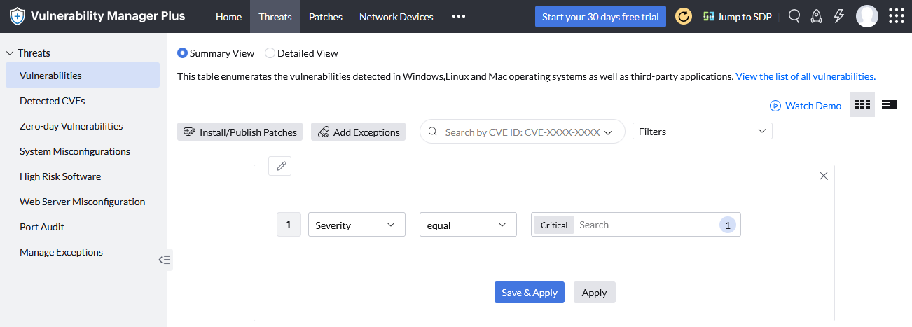 Screenshot Vulnerability Manager Plus: Filter für Schwachstellen anlegen 